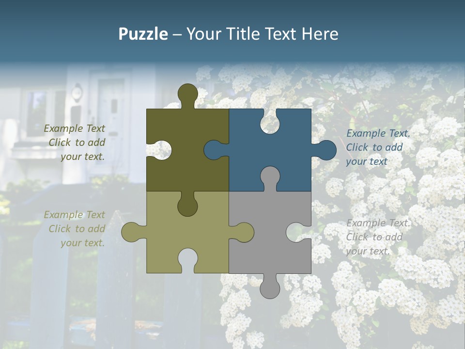 Blue Picket Fence With Flowering Bridal Wreath Shrub And Residential House PowerPoint Template