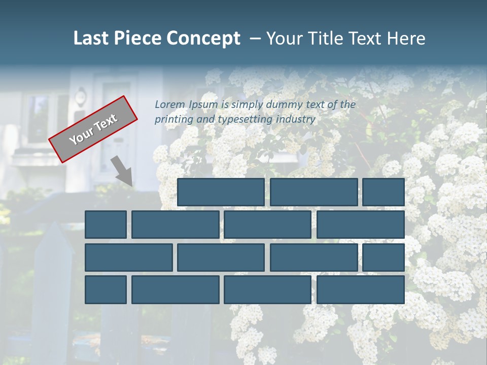 Blue Picket Fence With Flowering Bridal Wreath Shrub And Residential House PowerPoint Template