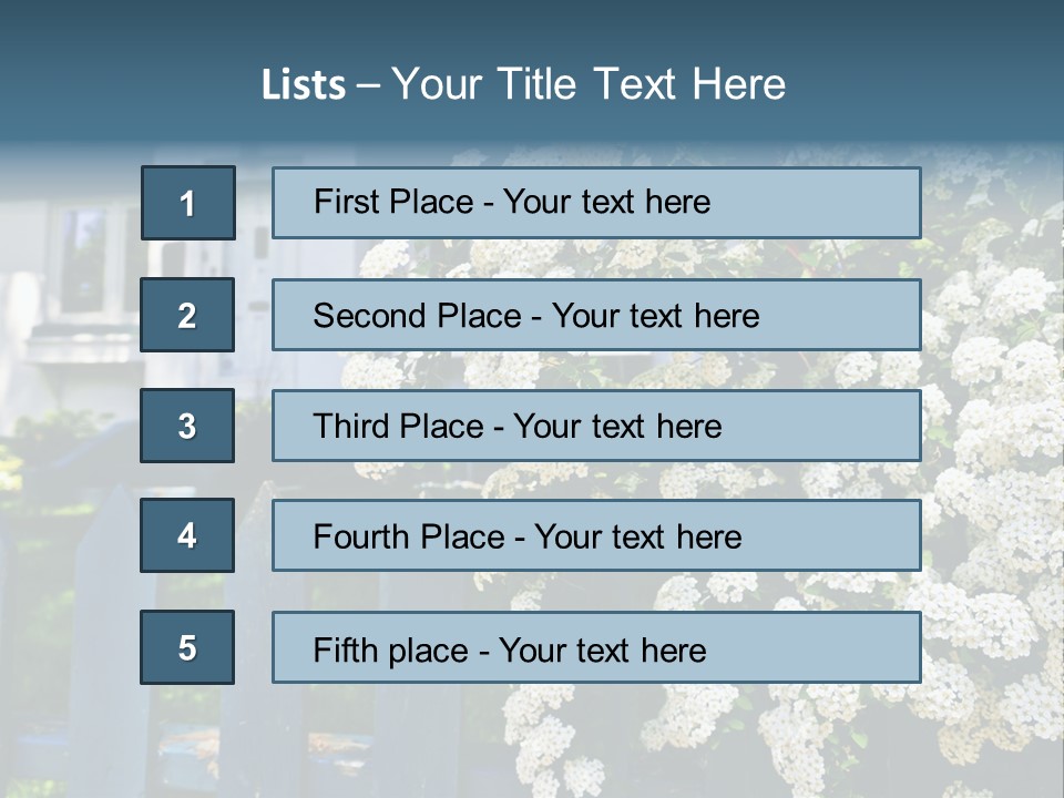 Blue Picket Fence With Flowering Bridal Wreath Shrub And Residential House PowerPoint Template