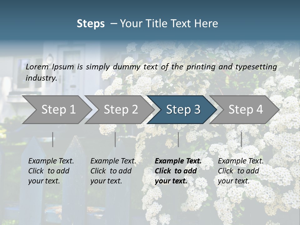 Blue Picket Fence With Flowering Bridal Wreath Shrub And Residential House PowerPoint Template
