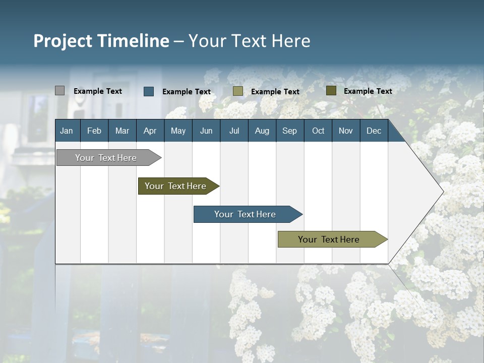 Blue Picket Fence With Flowering Bridal Wreath Shrub And Residential House PowerPoint Template