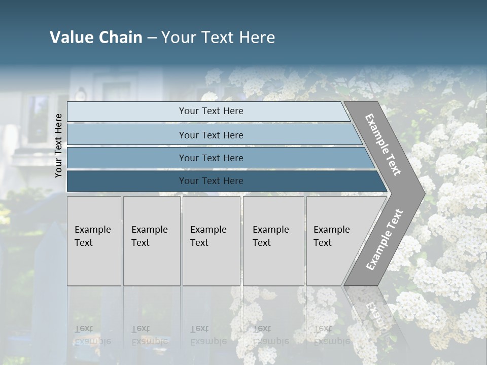 Blue Picket Fence With Flowering Bridal Wreath Shrub And Residential House PowerPoint Template