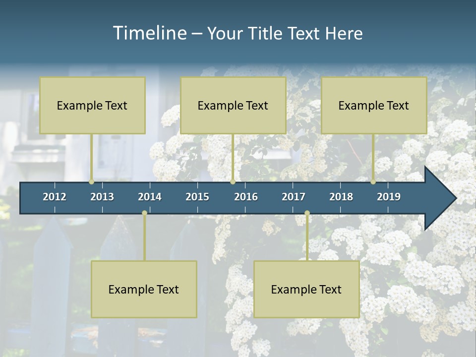 Blue Picket Fence With Flowering Bridal Wreath Shrub And Residential House PowerPoint Template