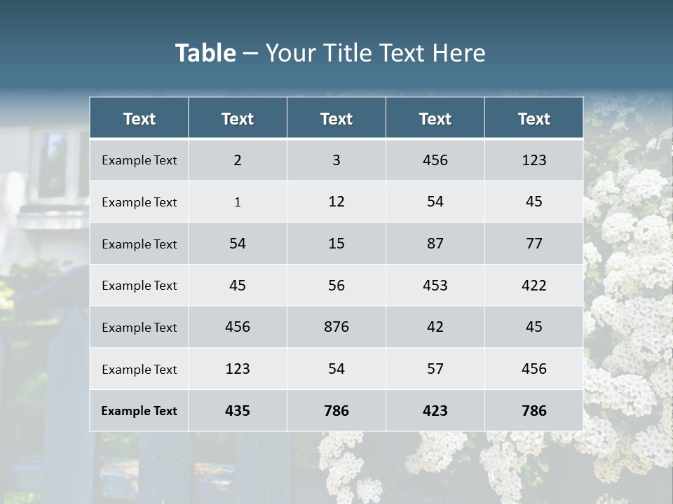 Blue Picket Fence With Flowering Bridal Wreath Shrub And Residential House PowerPoint Template