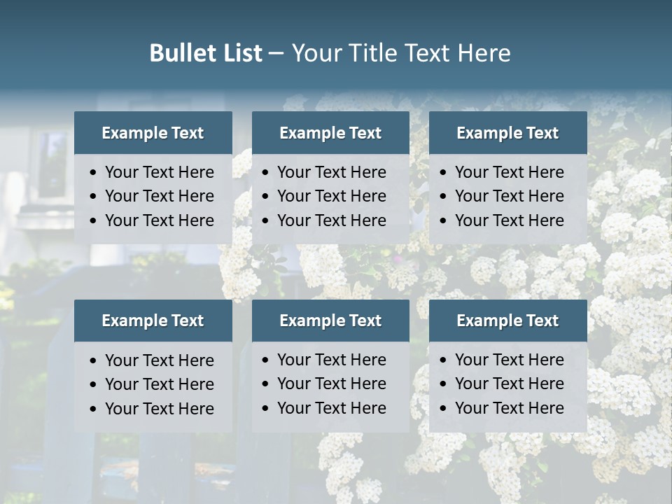 Blue Picket Fence With Flowering Bridal Wreath Shrub And Residential House PowerPoint Template