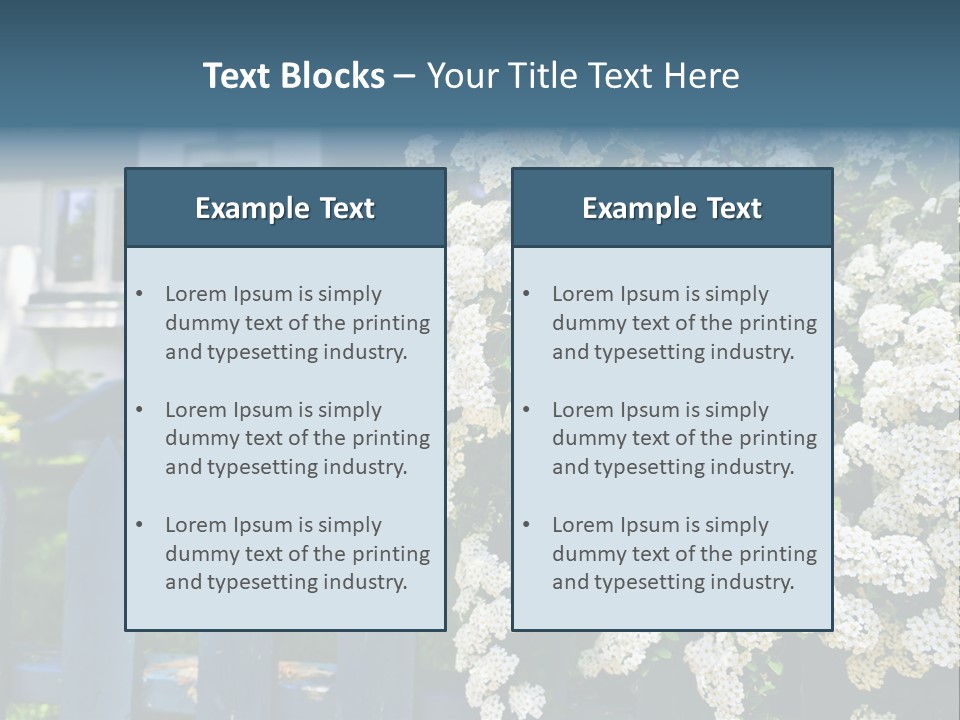 Blue Picket Fence With Flowering Bridal Wreath Shrub And Residential House PowerPoint Template