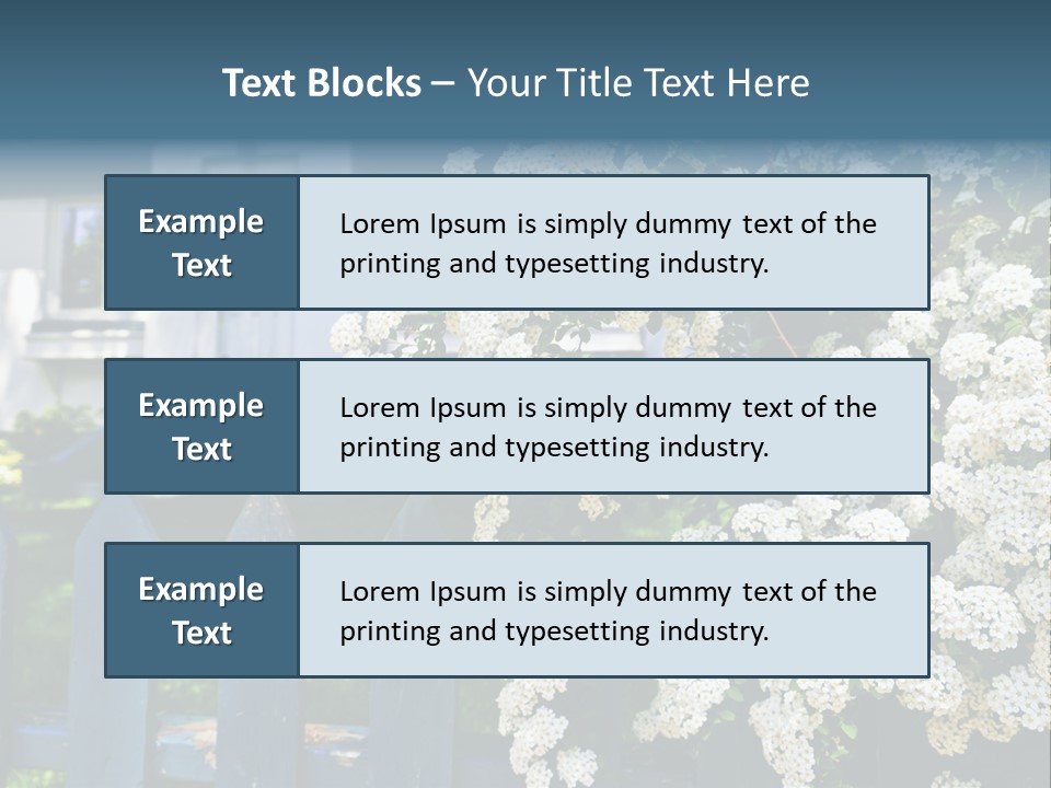 Blue Picket Fence With Flowering Bridal Wreath Shrub And Residential House PowerPoint Template