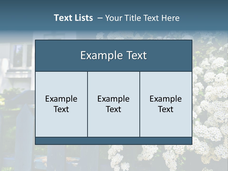 Blue Picket Fence With Flowering Bridal Wreath Shrub And Residential House PowerPoint Template