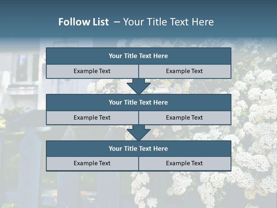 Blue Picket Fence With Flowering Bridal Wreath Shrub And Residential House PowerPoint Template
