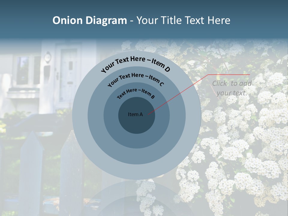 Blue Picket Fence With Flowering Bridal Wreath Shrub And Residential House PowerPoint Template