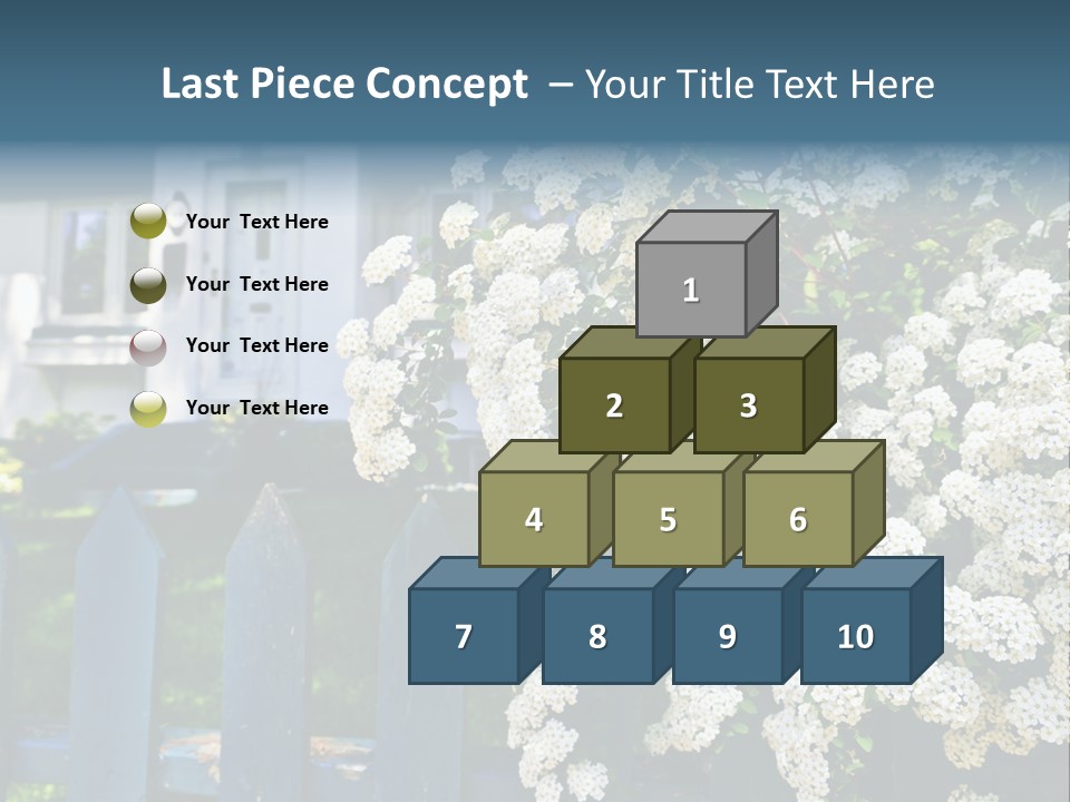 Blue Picket Fence With Flowering Bridal Wreath Shrub And Residential House PowerPoint Template