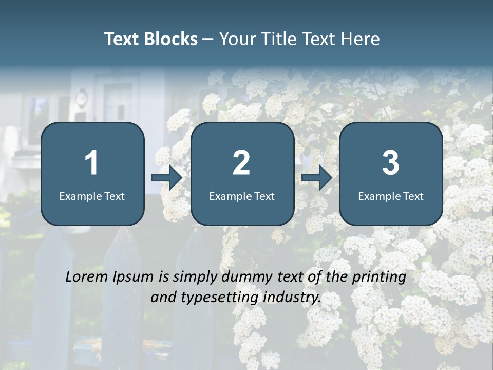 Blue Picket Fence With Flowering Bridal Wreath Shrub And Residential House PowerPoint Template