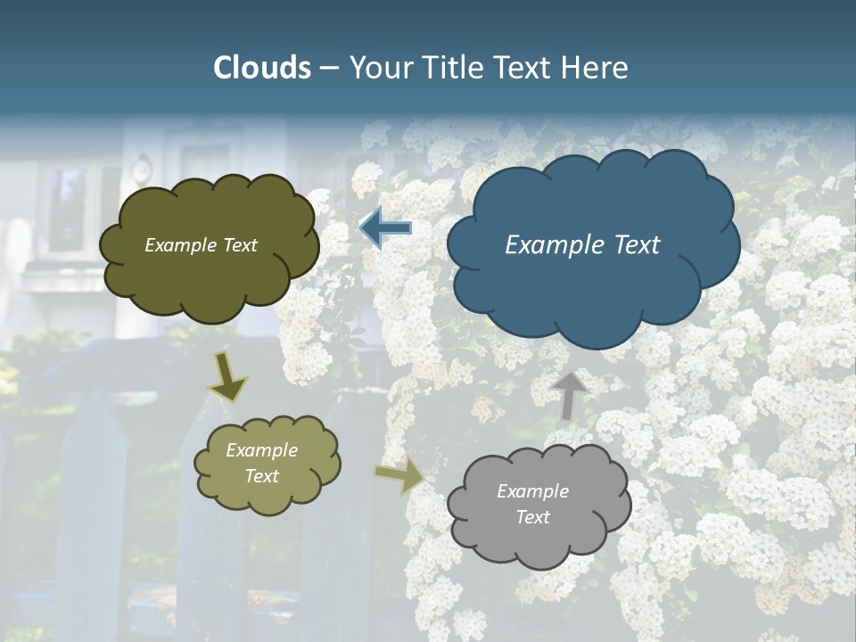 Blue Picket Fence With Flowering Bridal Wreath Shrub And Residential House PowerPoint Template
