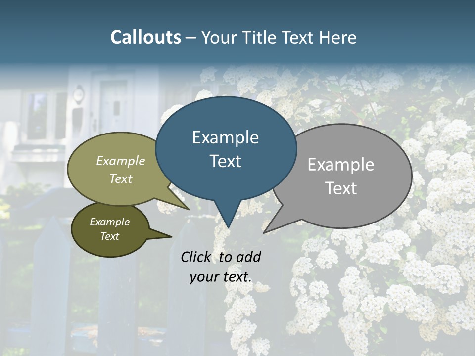 Blue Picket Fence With Flowering Bridal Wreath Shrub And Residential House PowerPoint Template