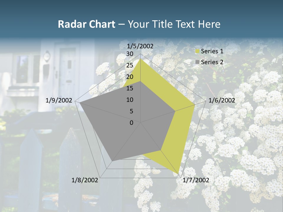 Blue Picket Fence With Flowering Bridal Wreath Shrub And Residential House PowerPoint Template