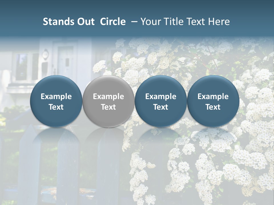 Blue Picket Fence With Flowering Bridal Wreath Shrub And Residential House PowerPoint Template