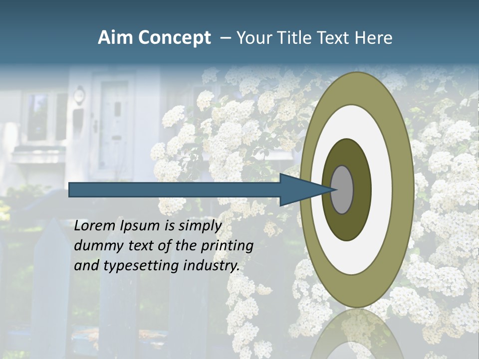 Blue Picket Fence With Flowering Bridal Wreath Shrub And Residential House PowerPoint Template