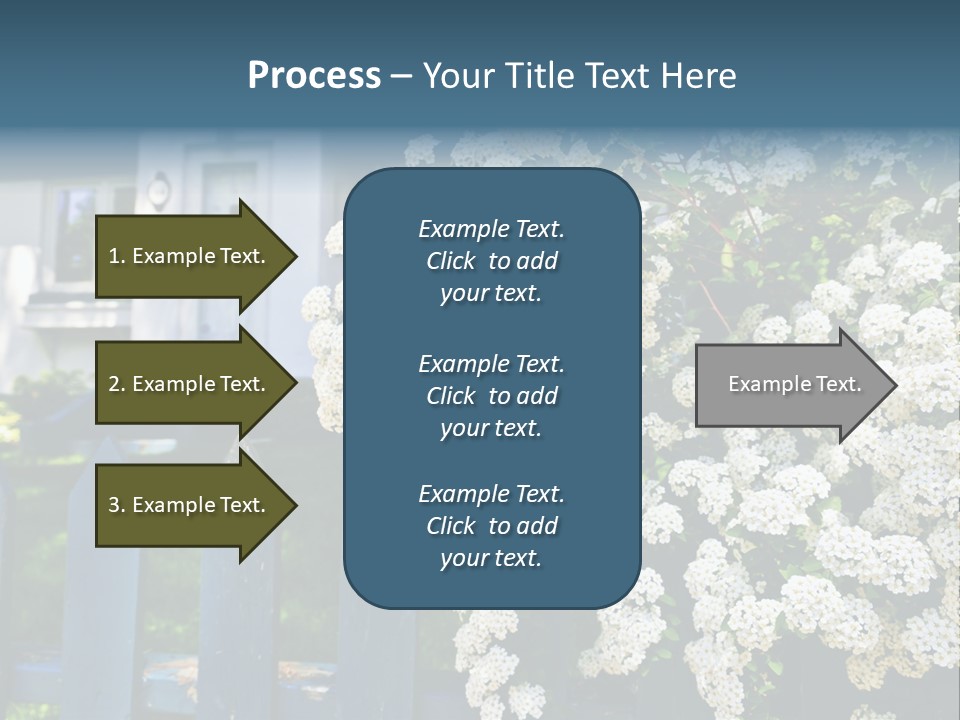 Blue Picket Fence With Flowering Bridal Wreath Shrub And Residential House PowerPoint Template