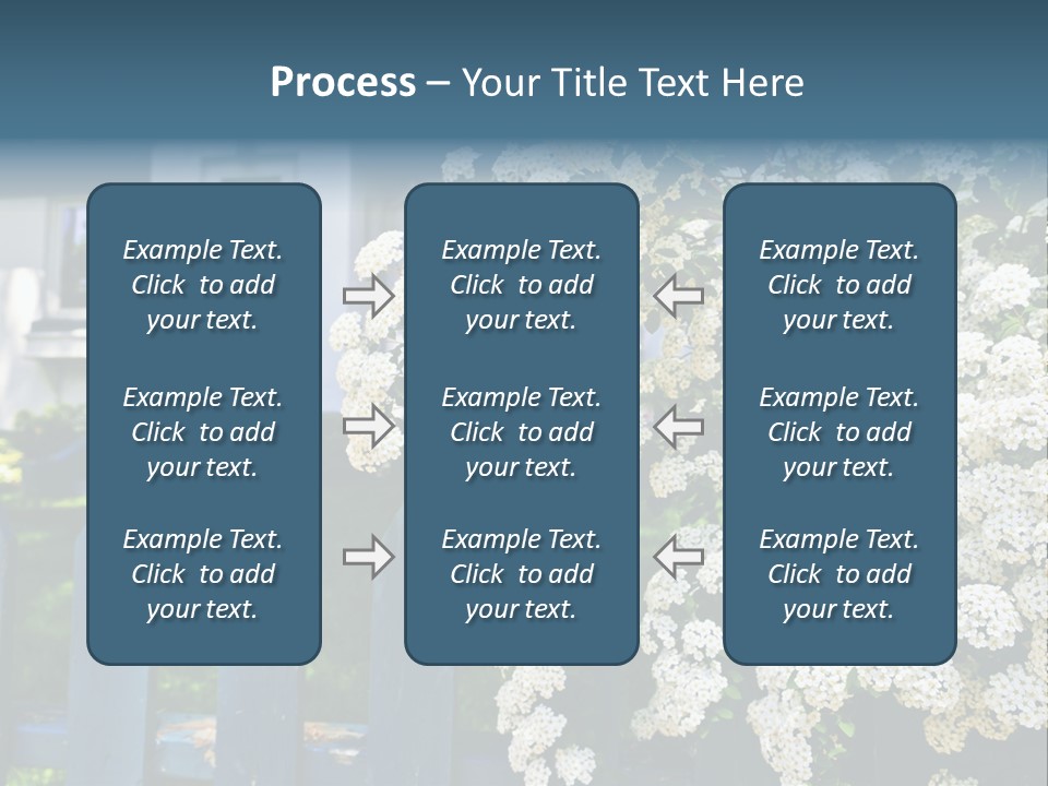 Blue Picket Fence With Flowering Bridal Wreath Shrub And Residential House PowerPoint Template