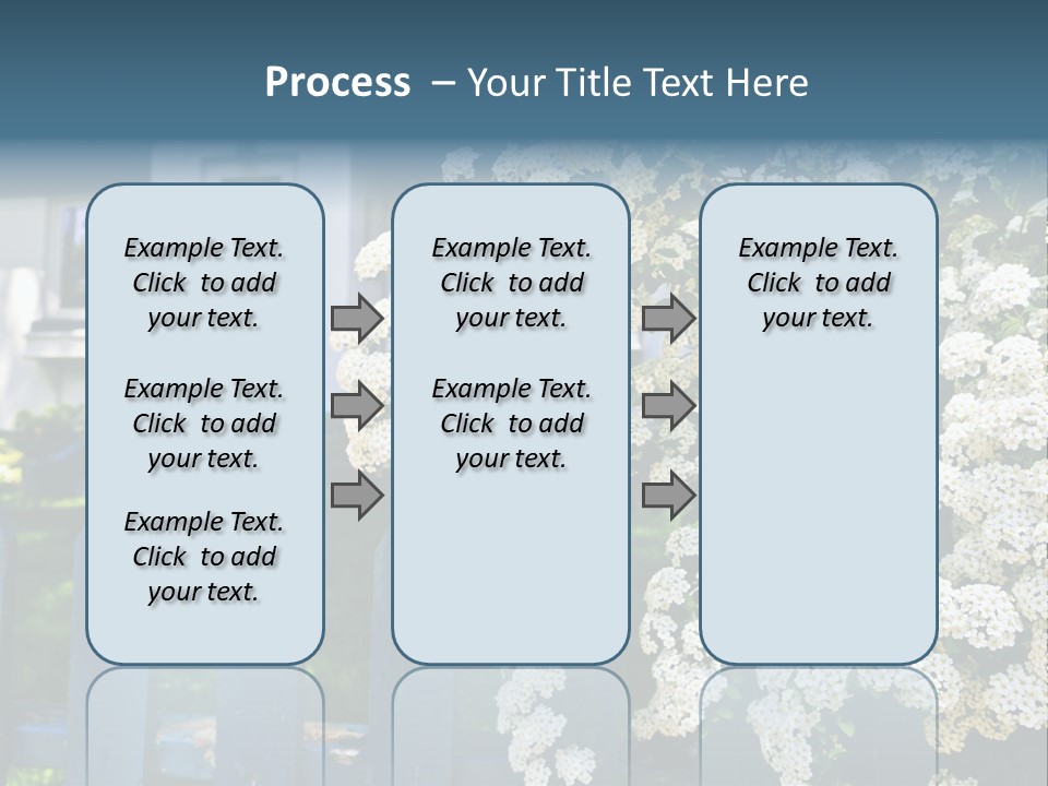 Blue Picket Fence With Flowering Bridal Wreath Shrub And Residential House PowerPoint Template