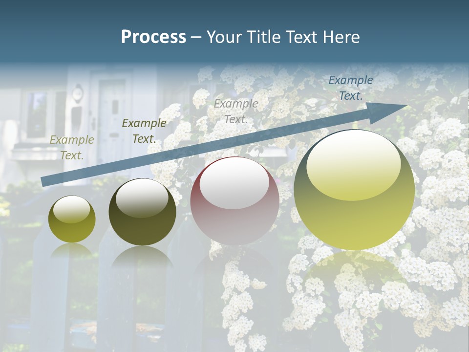 Blue Picket Fence With Flowering Bridal Wreath Shrub And Residential House PowerPoint Template