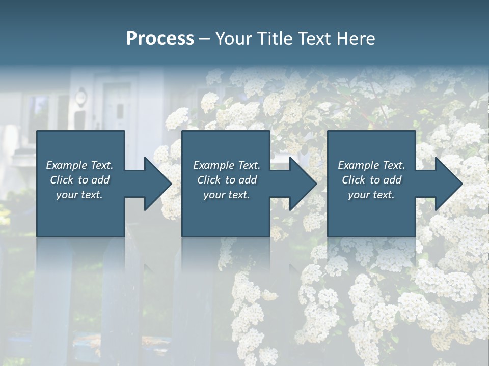 Blue Picket Fence With Flowering Bridal Wreath Shrub And Residential House PowerPoint Template
