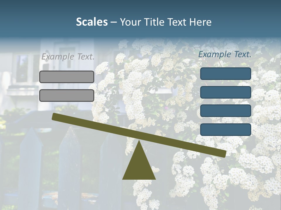 Blue Picket Fence With Flowering Bridal Wreath Shrub And Residential House PowerPoint Template