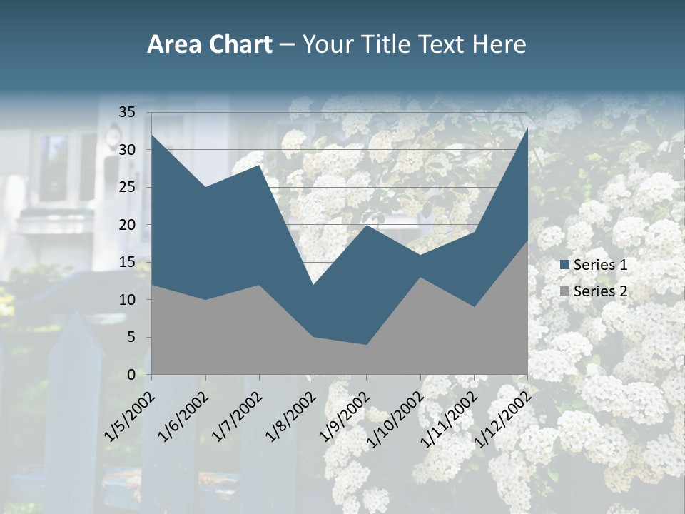 Blue Picket Fence With Flowering Bridal Wreath Shrub And Residential House PowerPoint Template