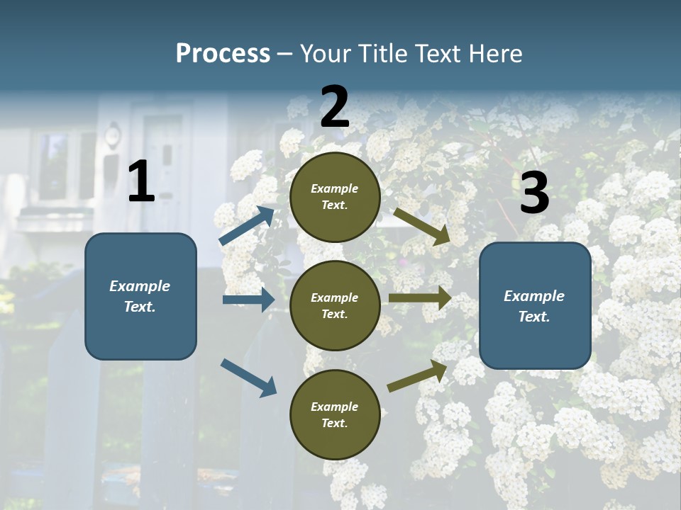Blue Picket Fence With Flowering Bridal Wreath Shrub And Residential House PowerPoint Template
