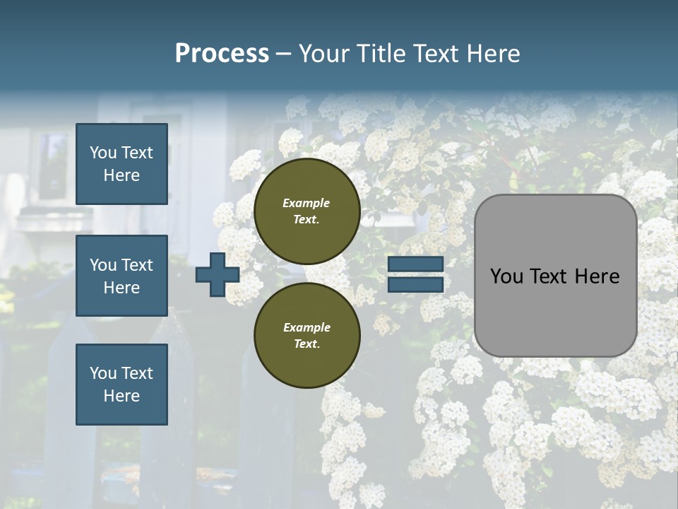 Blue Picket Fence With Flowering Bridal Wreath Shrub And Residential House PowerPoint Template