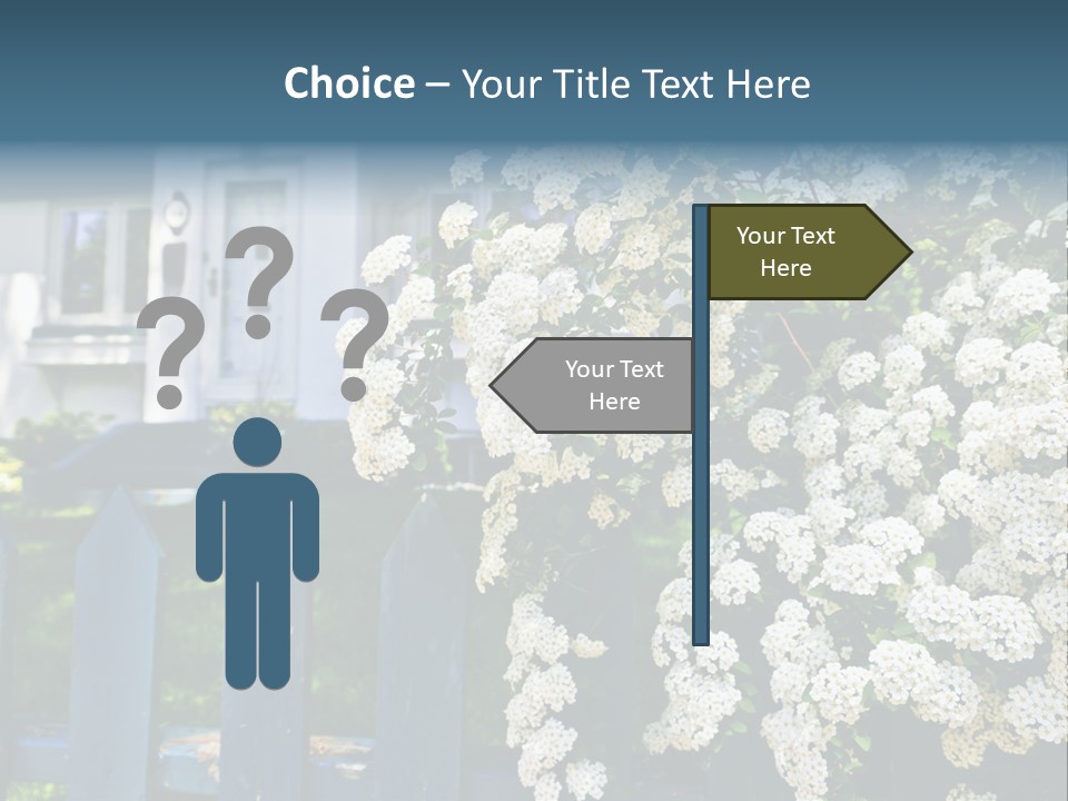 Blue Picket Fence With Flowering Bridal Wreath Shrub And Residential House PowerPoint Template