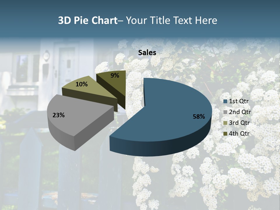 Blue Picket Fence With Flowering Bridal Wreath Shrub And Residential House PowerPoint Template