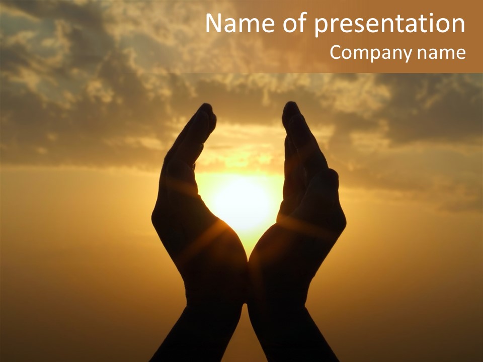 Hands Holding The Sun At Dawn PowerPoint Template