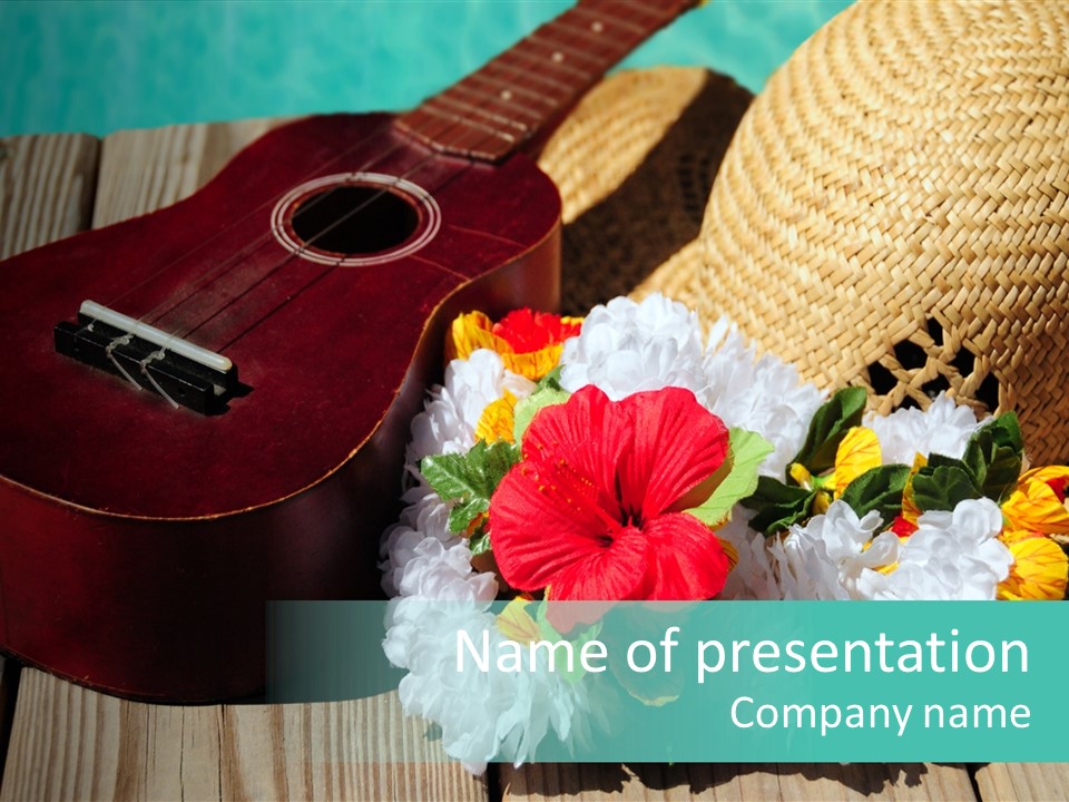 Ukulele And Straw Hat And Lei On Dock Next To Water PowerPoint Template