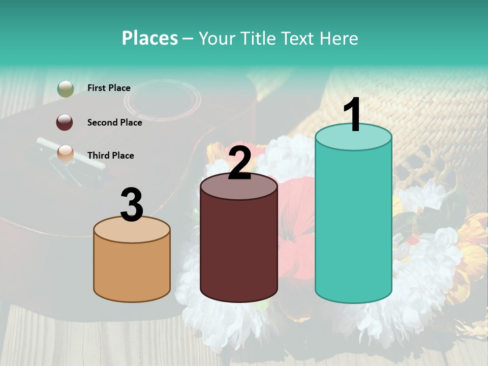 Ukulele And Straw Hat And Lei On Dock Next To Water PowerPoint Template