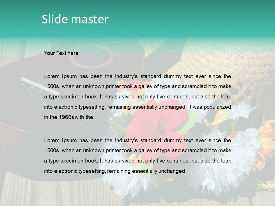 Ukulele And Straw Hat And Lei On Dock Next To Water PowerPoint Template
