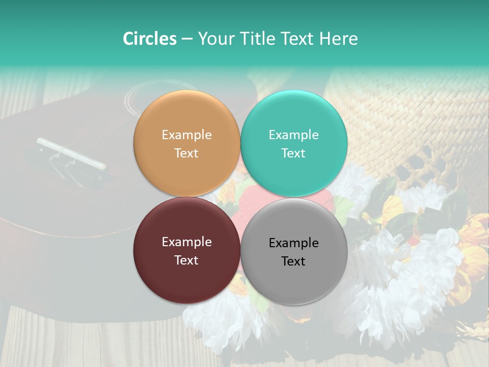 Ukulele And Straw Hat And Lei On Dock Next To Water PowerPoint Template