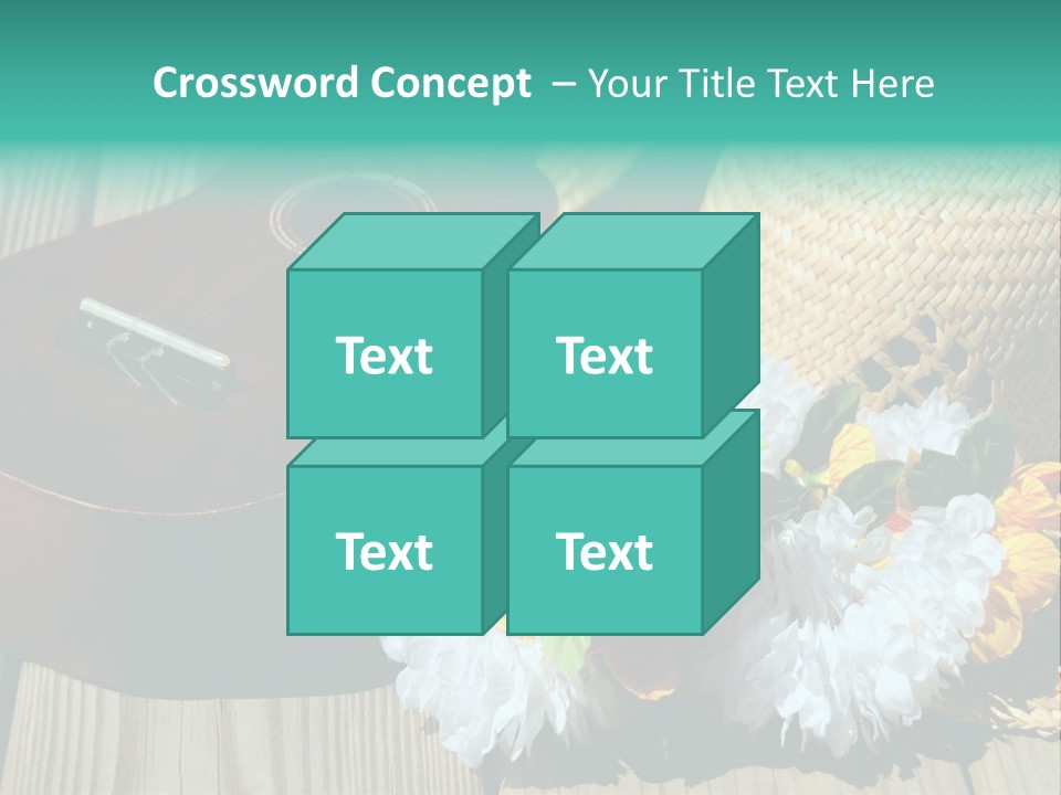 Ukulele And Straw Hat And Lei On Dock Next To Water PowerPoint Template