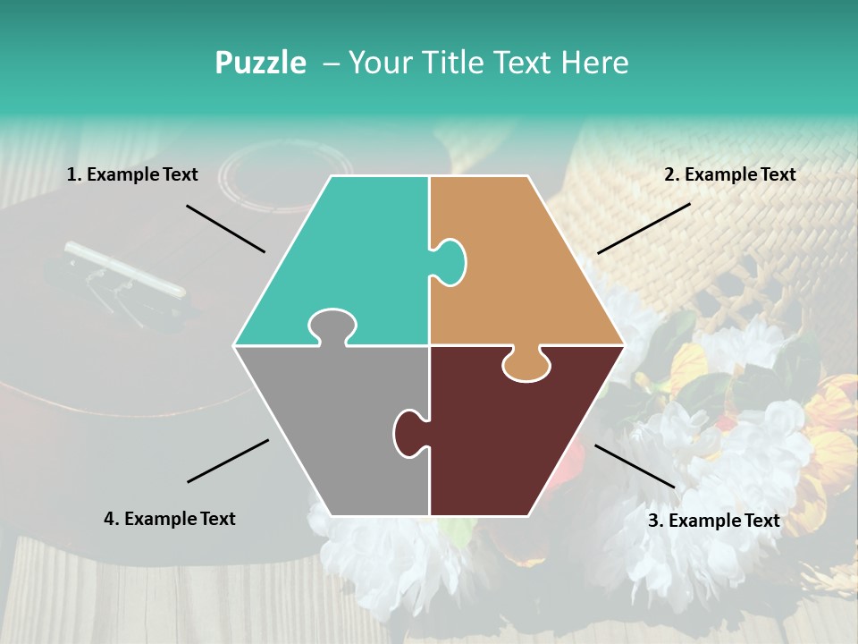 Ukulele And Straw Hat And Lei On Dock Next To Water PowerPoint Template