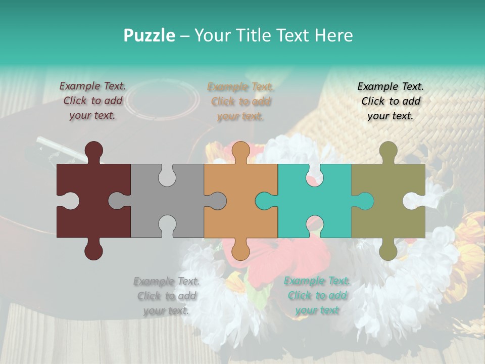 Ukulele And Straw Hat And Lei On Dock Next To Water PowerPoint Template