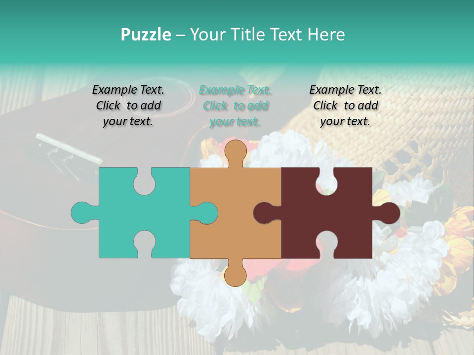 Ukulele And Straw Hat And Lei On Dock Next To Water PowerPoint Template