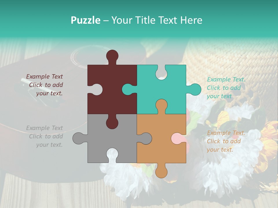 Ukulele And Straw Hat And Lei On Dock Next To Water PowerPoint Template