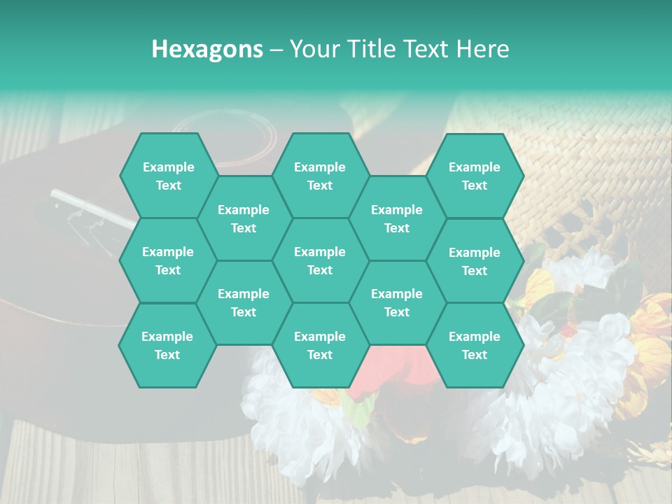 Ukulele And Straw Hat And Lei On Dock Next To Water PowerPoint Template