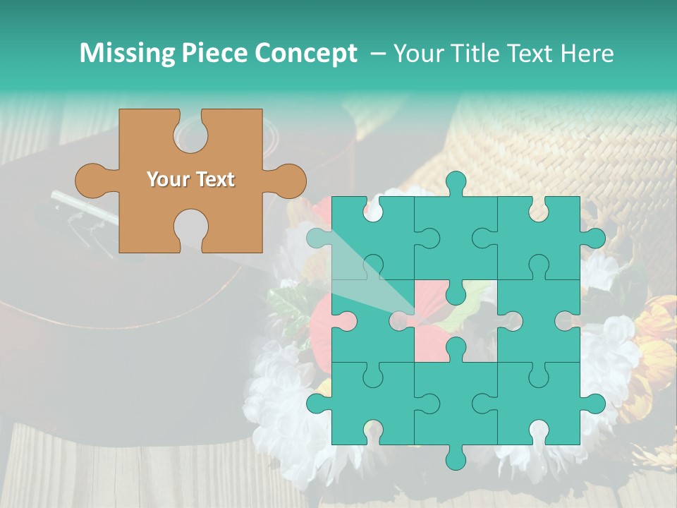 Ukulele And Straw Hat And Lei On Dock Next To Water PowerPoint Template