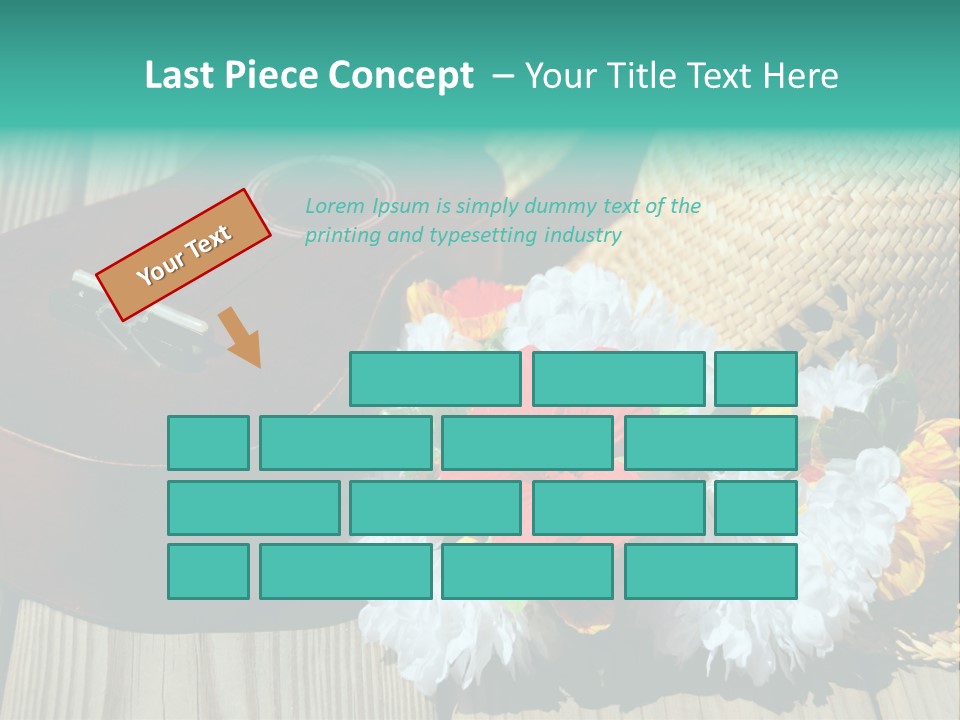 Ukulele And Straw Hat And Lei On Dock Next To Water PowerPoint Template