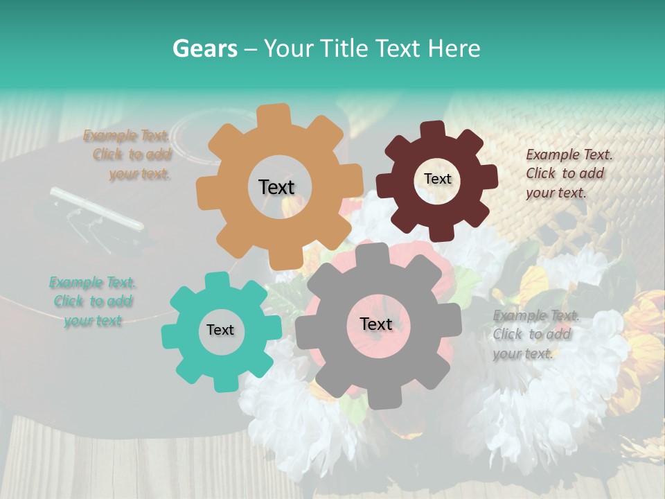 Ukulele And Straw Hat And Lei On Dock Next To Water PowerPoint Template