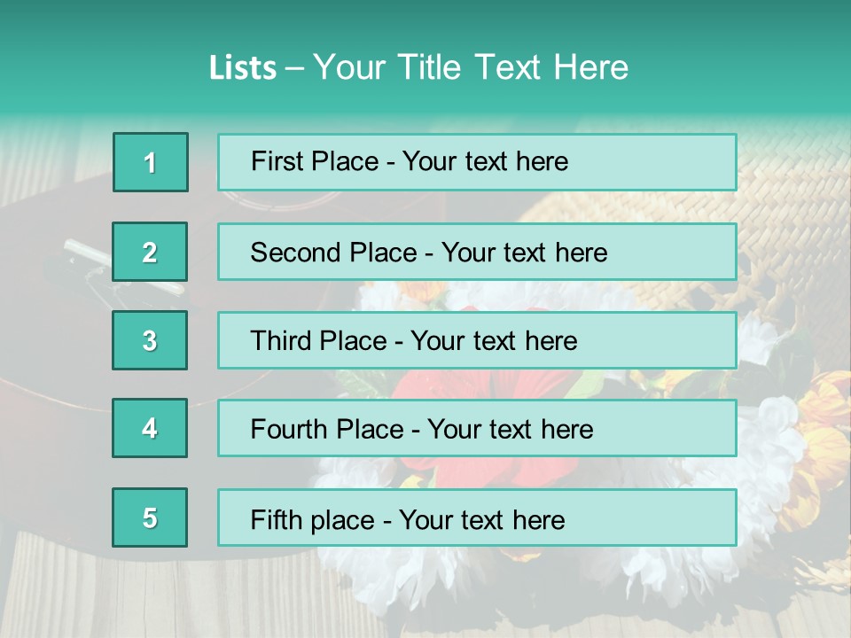 Ukulele And Straw Hat And Lei On Dock Next To Water PowerPoint Template