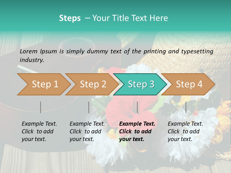 Ukulele And Straw Hat And Lei On Dock Next To Water PowerPoint Template