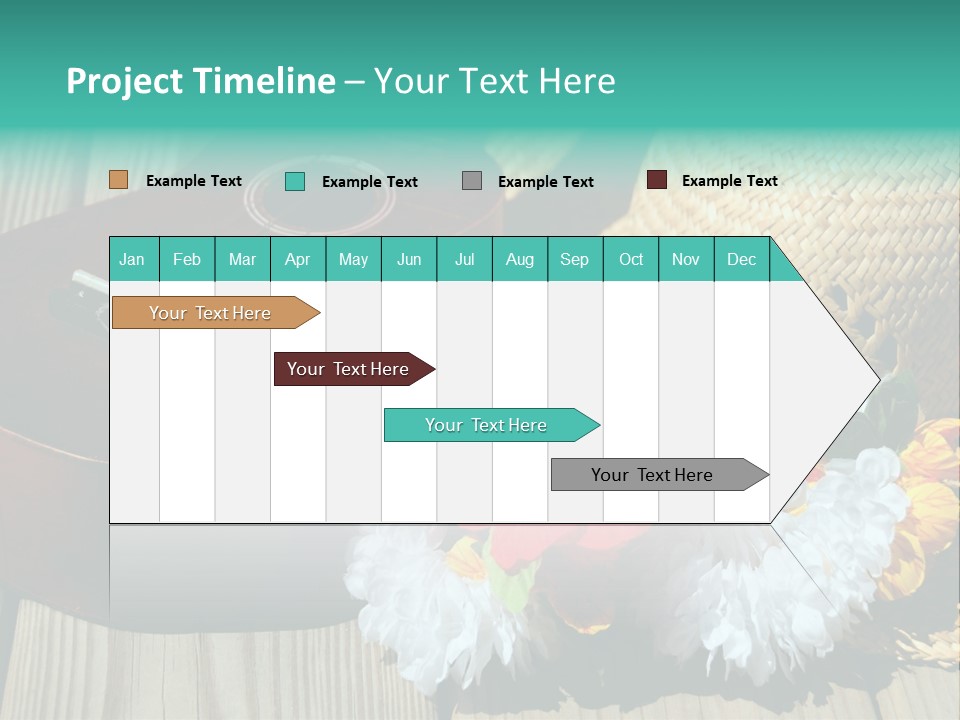 Ukulele And Straw Hat And Lei On Dock Next To Water PowerPoint Template