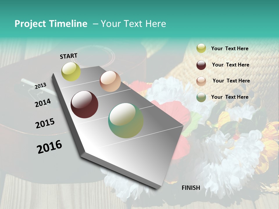 Ukulele And Straw Hat And Lei On Dock Next To Water PowerPoint Template